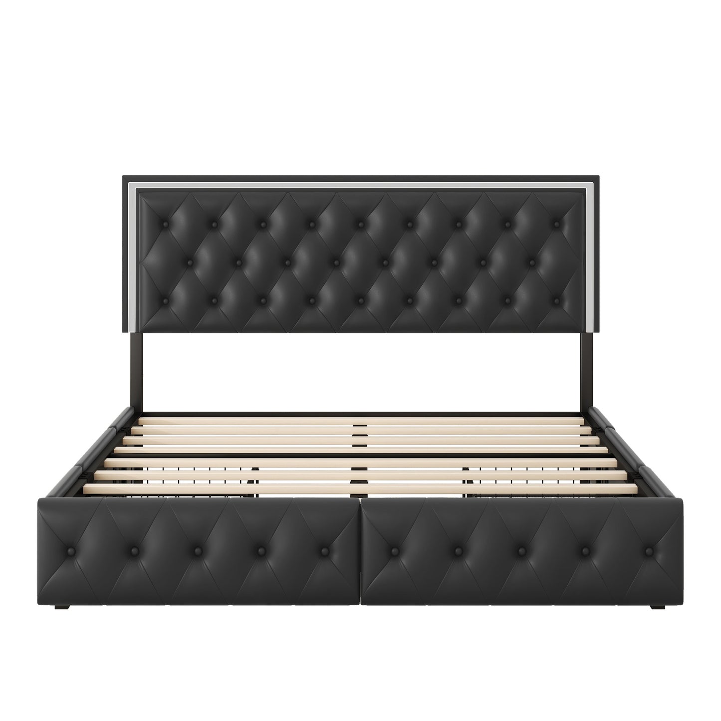 queen upholstered pu leather platform bed with led headboard, black