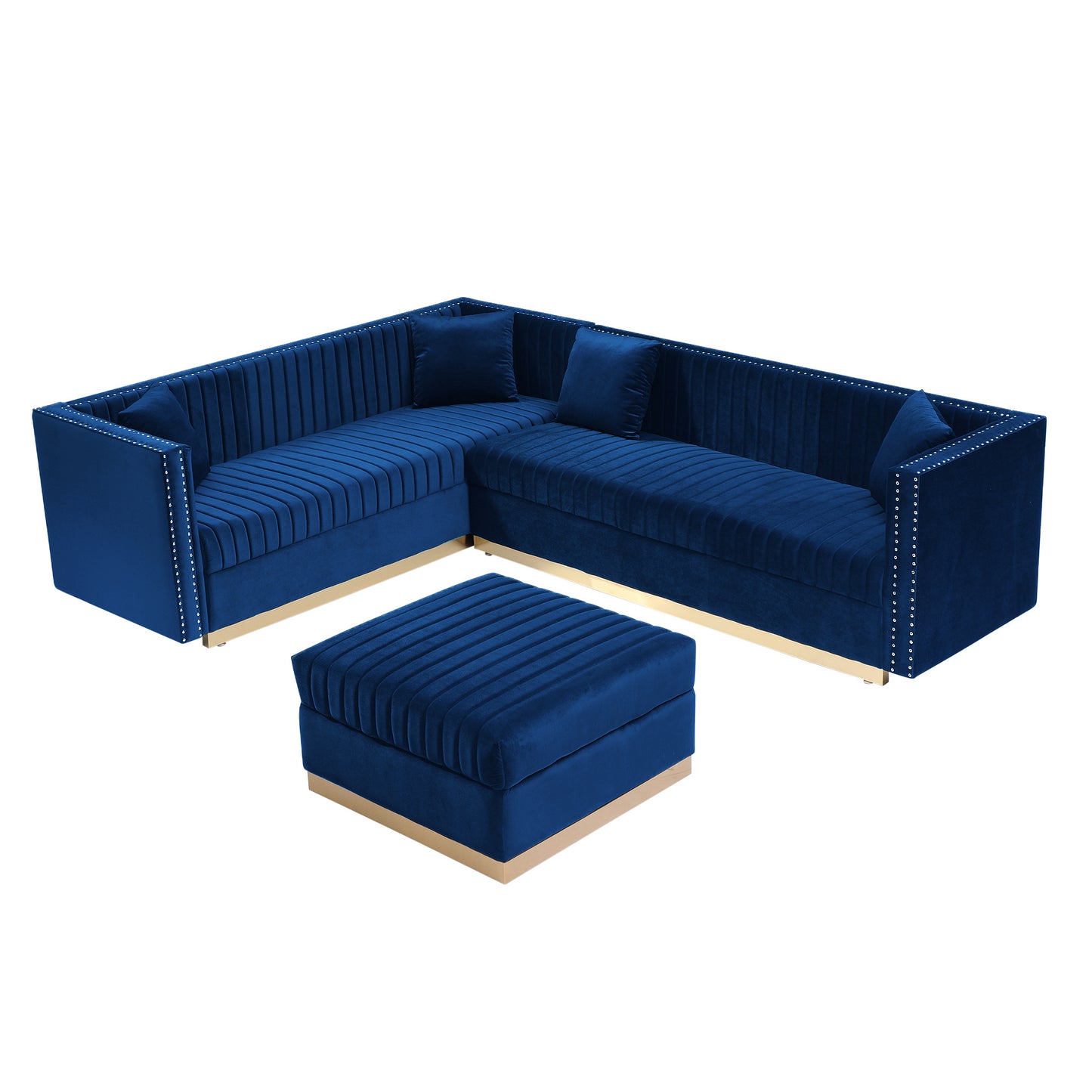 contemporary vertical channel tufted velvet sectional sofa modern upholstered corner couch for living room apartment with ottoman and 4 pillows,blue
