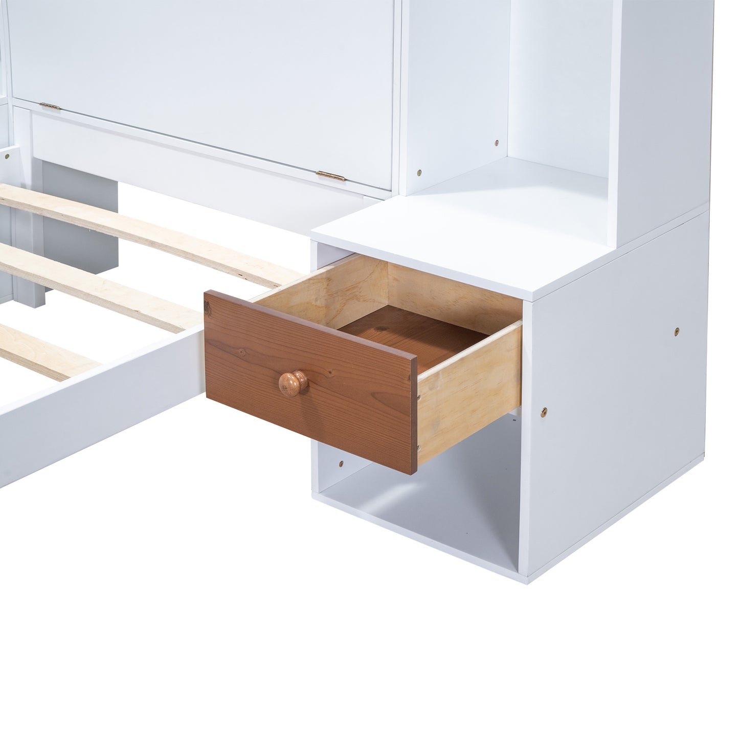 twin size platform bed with storage headboard and drawers, white