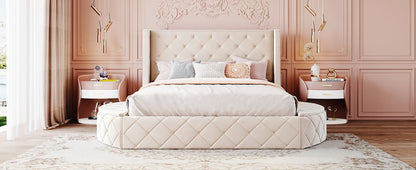Upholstered Velvet Platform Bed with Wingback Headboard and 1 Big Drawer; 2 Side Storage Stool