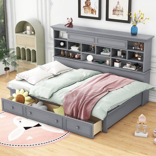 Wood Bed with Multi-Storage Shelves, Charging Station and 3 Drawers, Gray