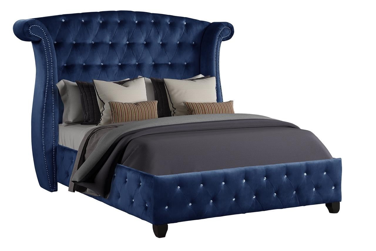 sophia crystal tufted queen bed made with wood in blue