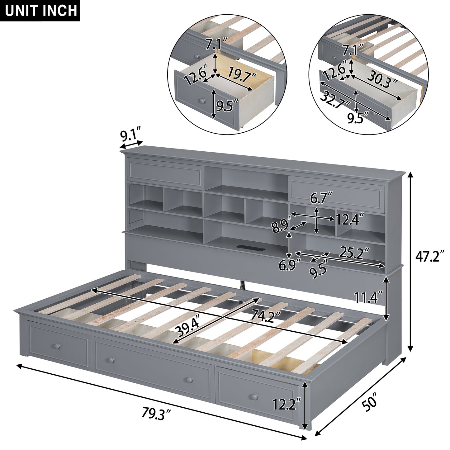 wood bed with multi-storage shelves, charging station and 3 drawers, gray