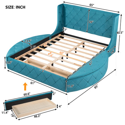 Upholstered Platform Storage Velvet Bed with Wingback Headboard, Blue