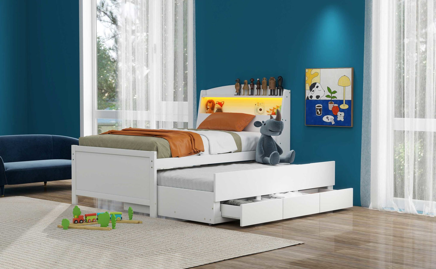 platform bed with storage led headboard, twin size trundle and 3 drawers, white