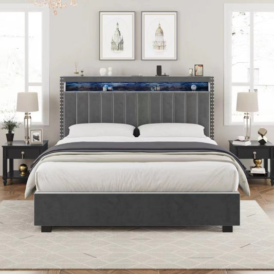 Luxury Gas Lift Storage Bed with RF LED Lights & Storage Headboard ,Grey