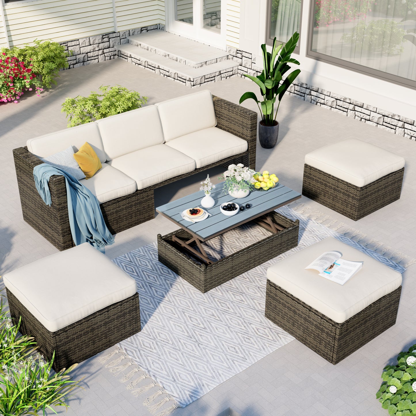 5-piece patio wicker sofa set cushions; ottomans and lift top coffee table included