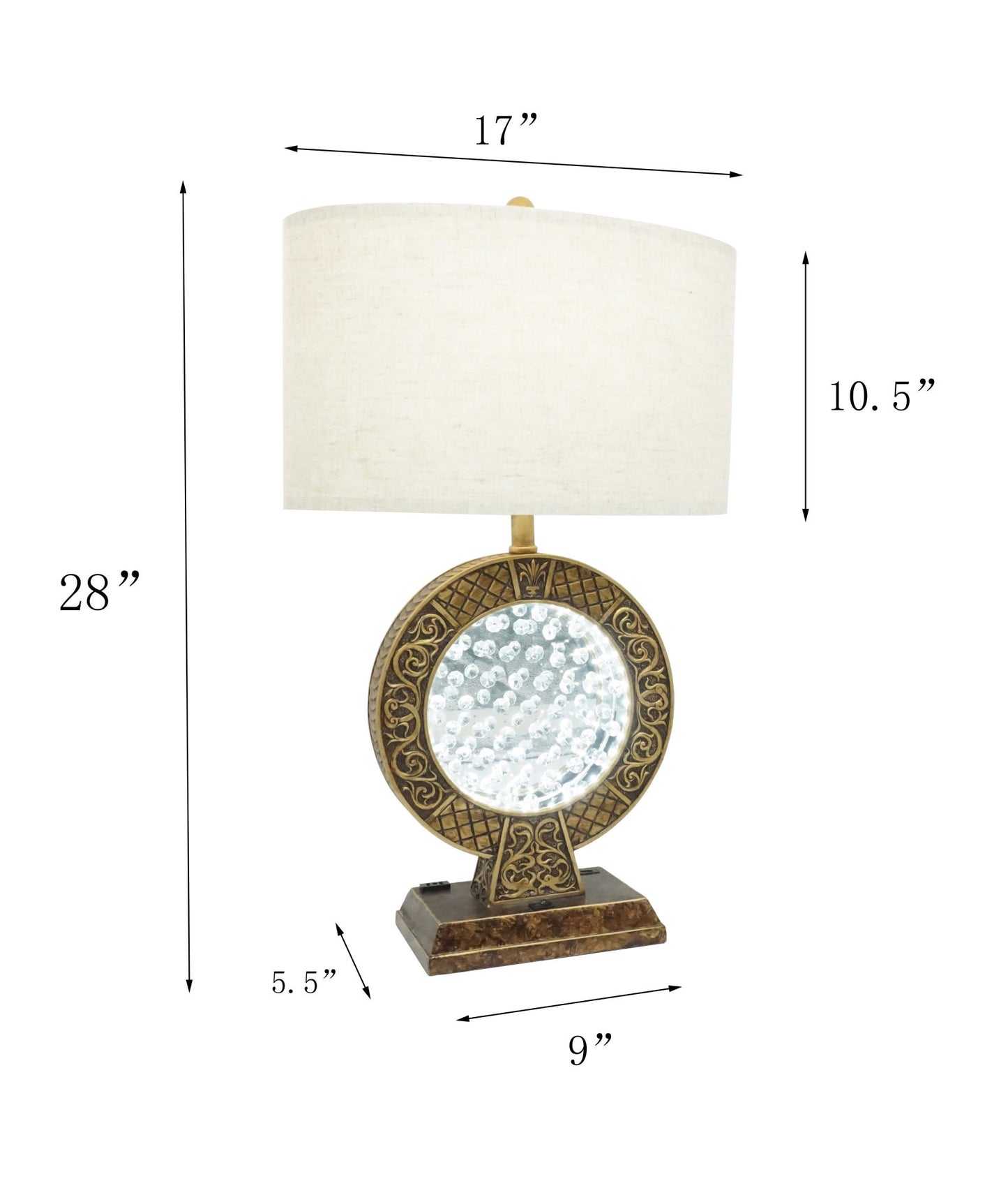 28" antique polyresin table lamp with floating crystal decor on center
