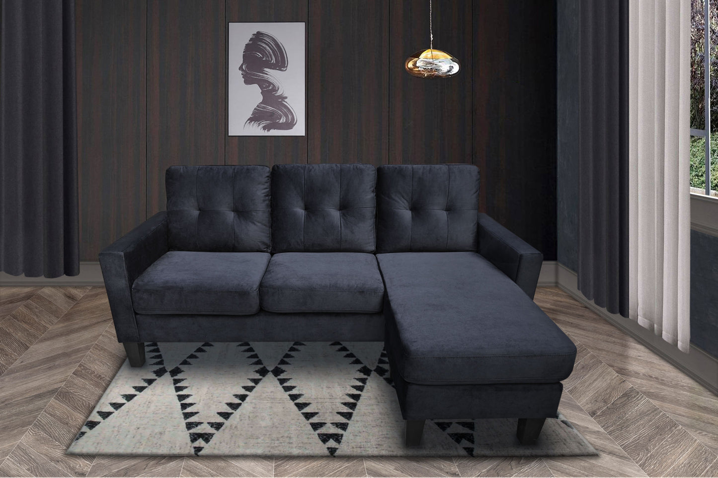 everette velvet reversible sectional sofa, black