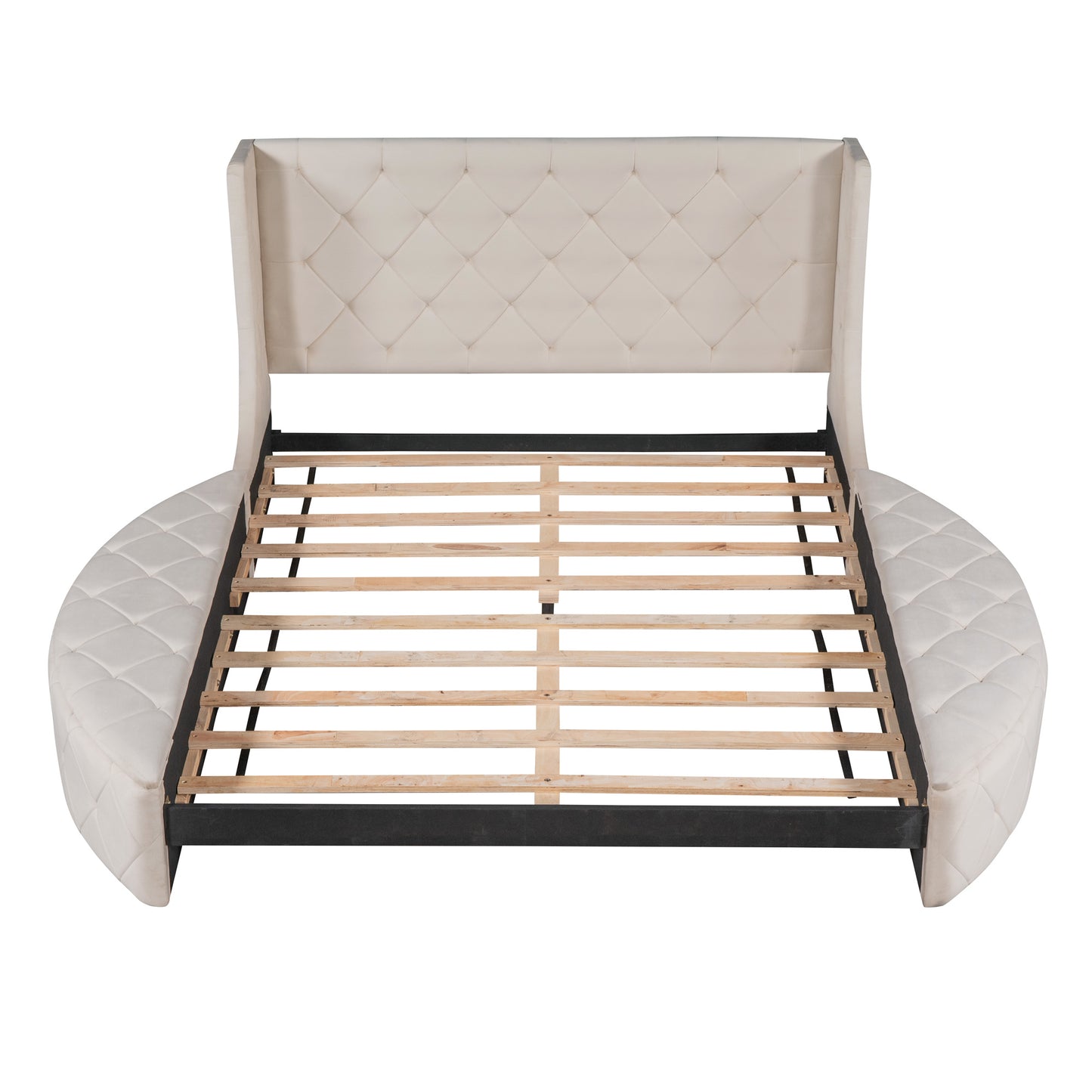upholstered velvet platform bed with wingback headboard and 1 big drawer; 2 side storage stool