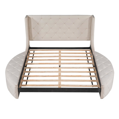 Upholstered Velvet Platform Bed with Wingback Headboard and 1 Big Drawer; 2 Side Storage Stool