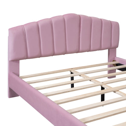 Stylish Velvet Platform Bed with Thick Fabric, Pink