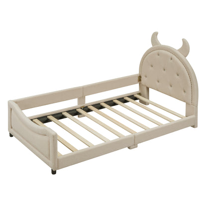 Teddy Fleece Upholstered Daybed with OX Horn Shaped Headboard, Beige