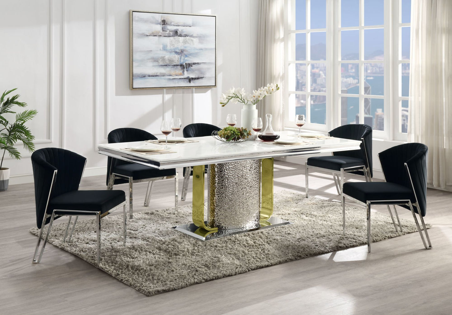 acme fadri dining table, engineering marble, mirrored silver & gold finish