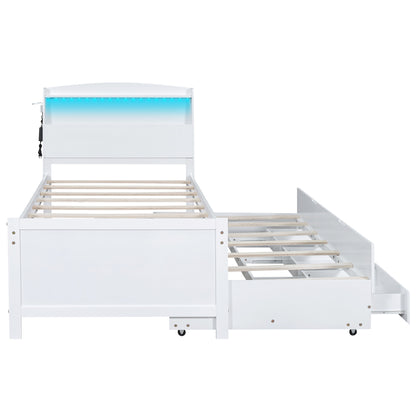 Platform Bed with Storage LED Headboard, Twin Size Trundle and 3 Drawers, White