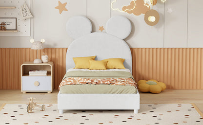 Upholstered Bed with Bear Ear Shaped Headboard, Beige