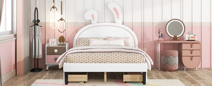 Upholstered Leather  Bed with Rabbit Ornament and 4 Drawers, White