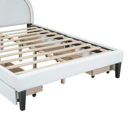 Upholstered Leather  Bed with Rabbit Ornament and 4 Drawers, White