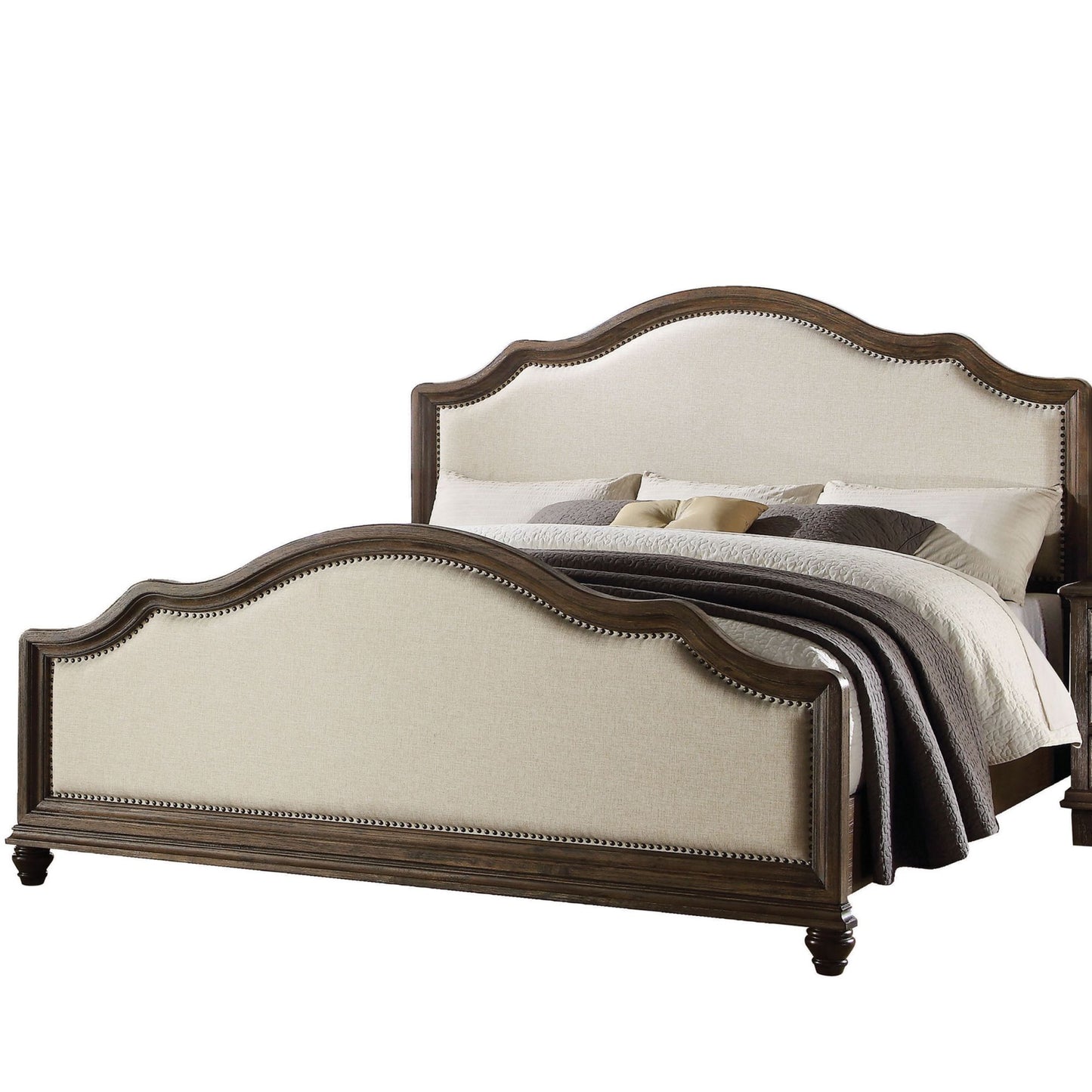 acme baudouin queen bed in beige linen & weathered oak