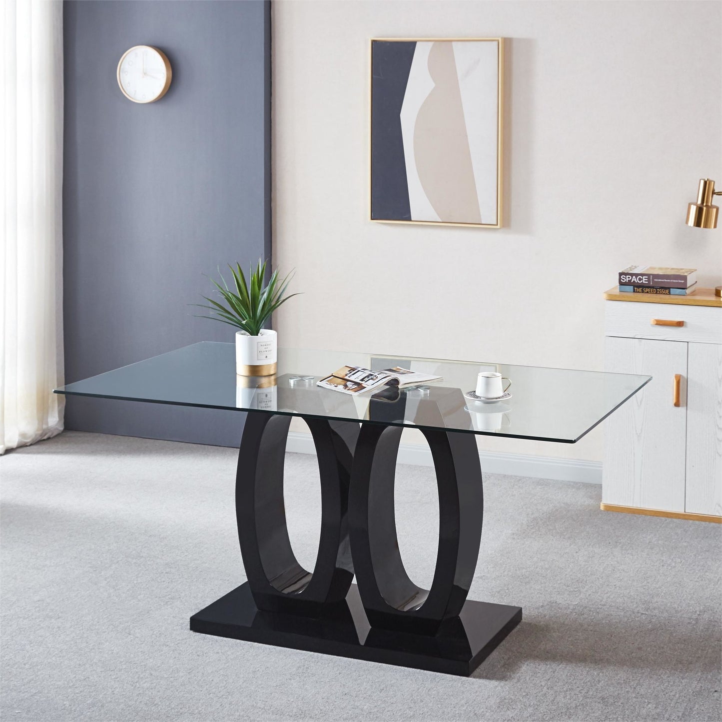 double pedestal dining table- tempered glass, black