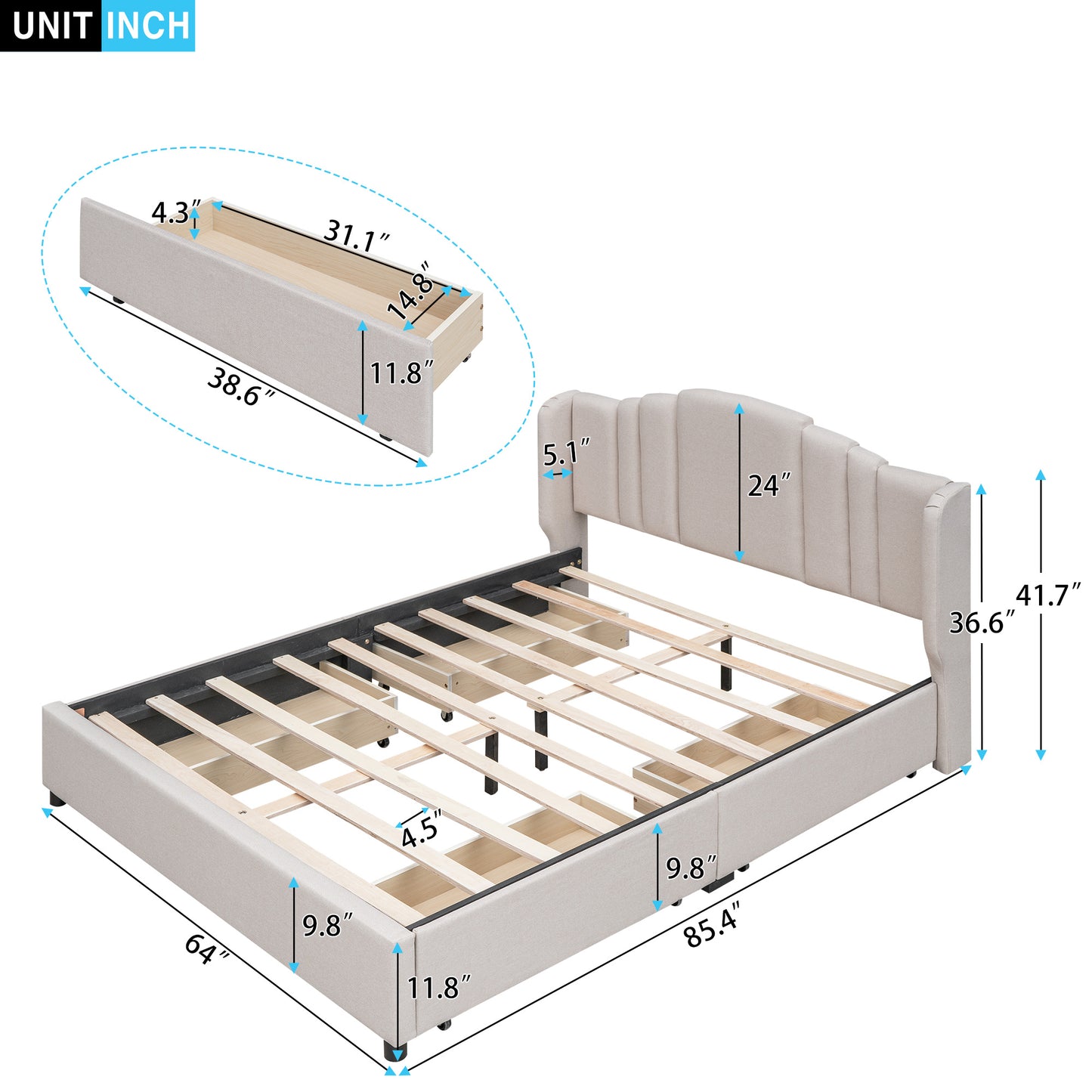mie upholstered platform bed with wingback headboard and 4 drawers