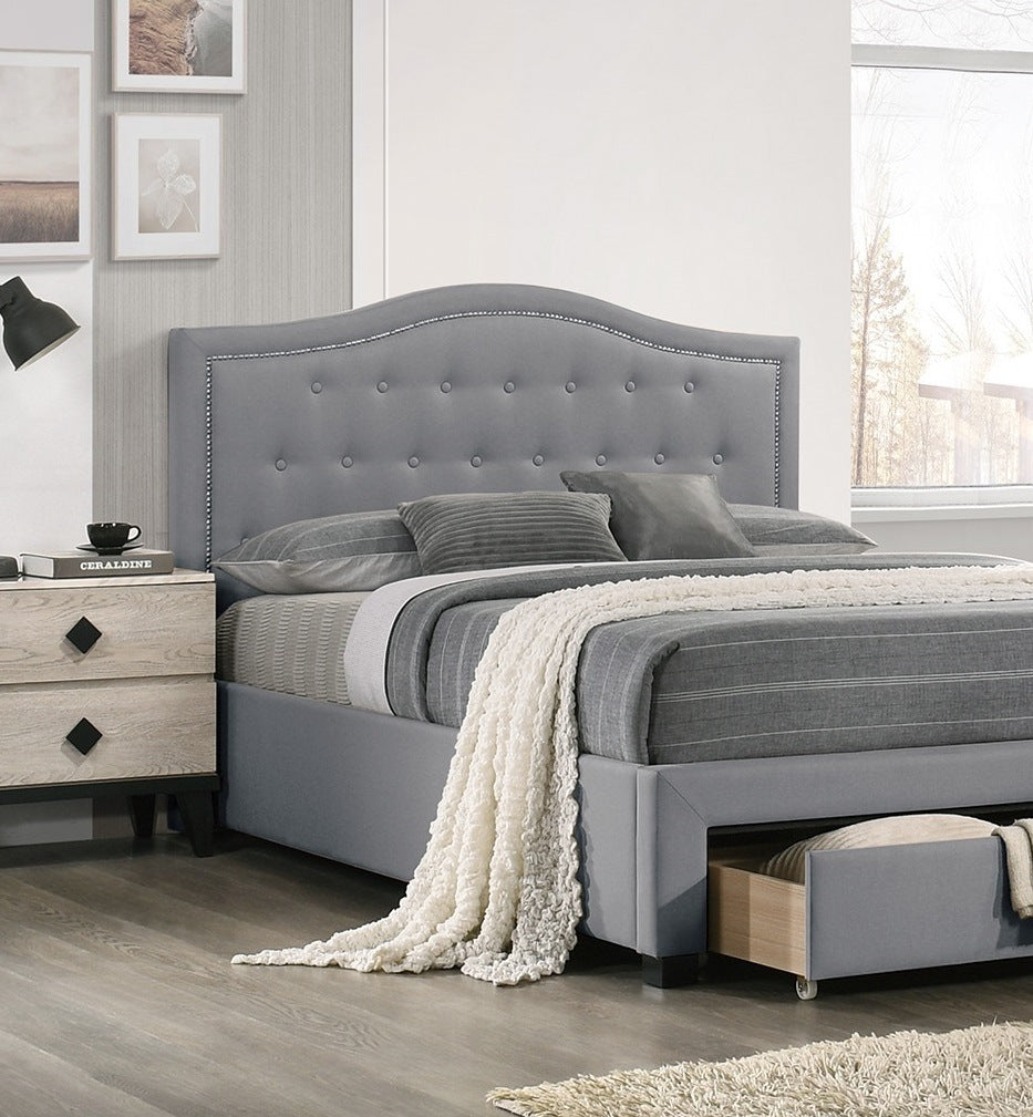 burlap with drawer button tufted arch design headboard +storage, light grey