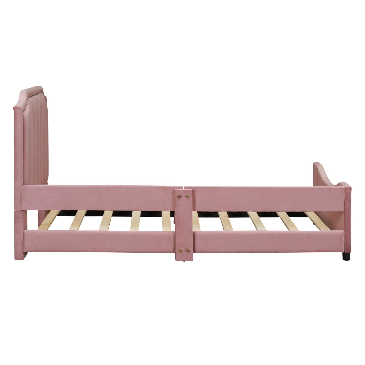 twin size upholstered daybed with classic stripe shaped headboard, pink
