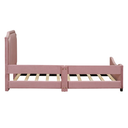Twin Size Upholstered Daybed with Classic Stripe Shaped Headboard, Pink