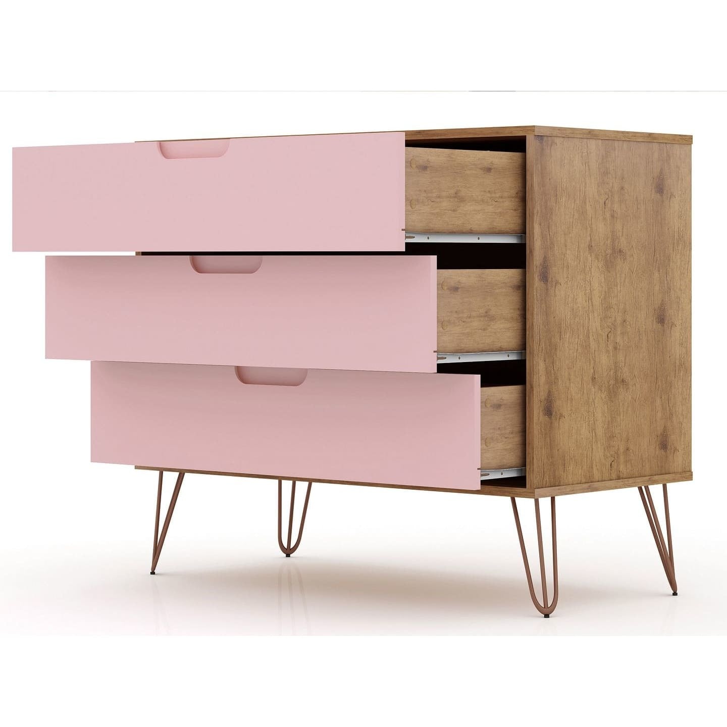 manhattan comfort rockefeller mid-century- modern dresser with 3-drawers in nature and rose pink