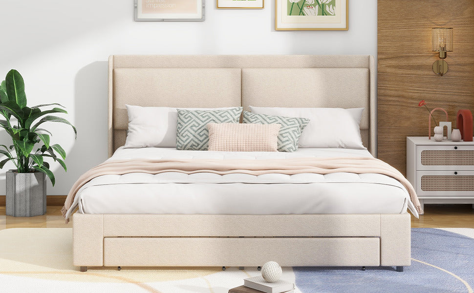 queen size storage upholstered hydraulic platform bed with 2 drawers, beige