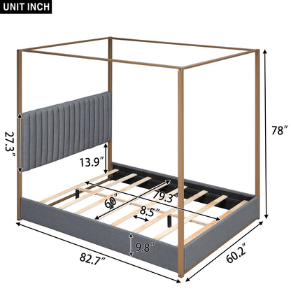 Upholstery Canopy Platform Bed with Headboard and Metal Frame, Gray