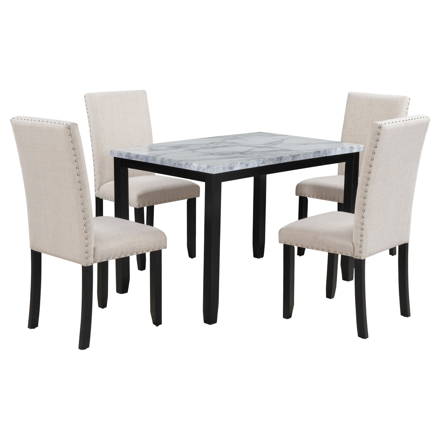 faux marble 5-piece dining table set ,white/beige+black