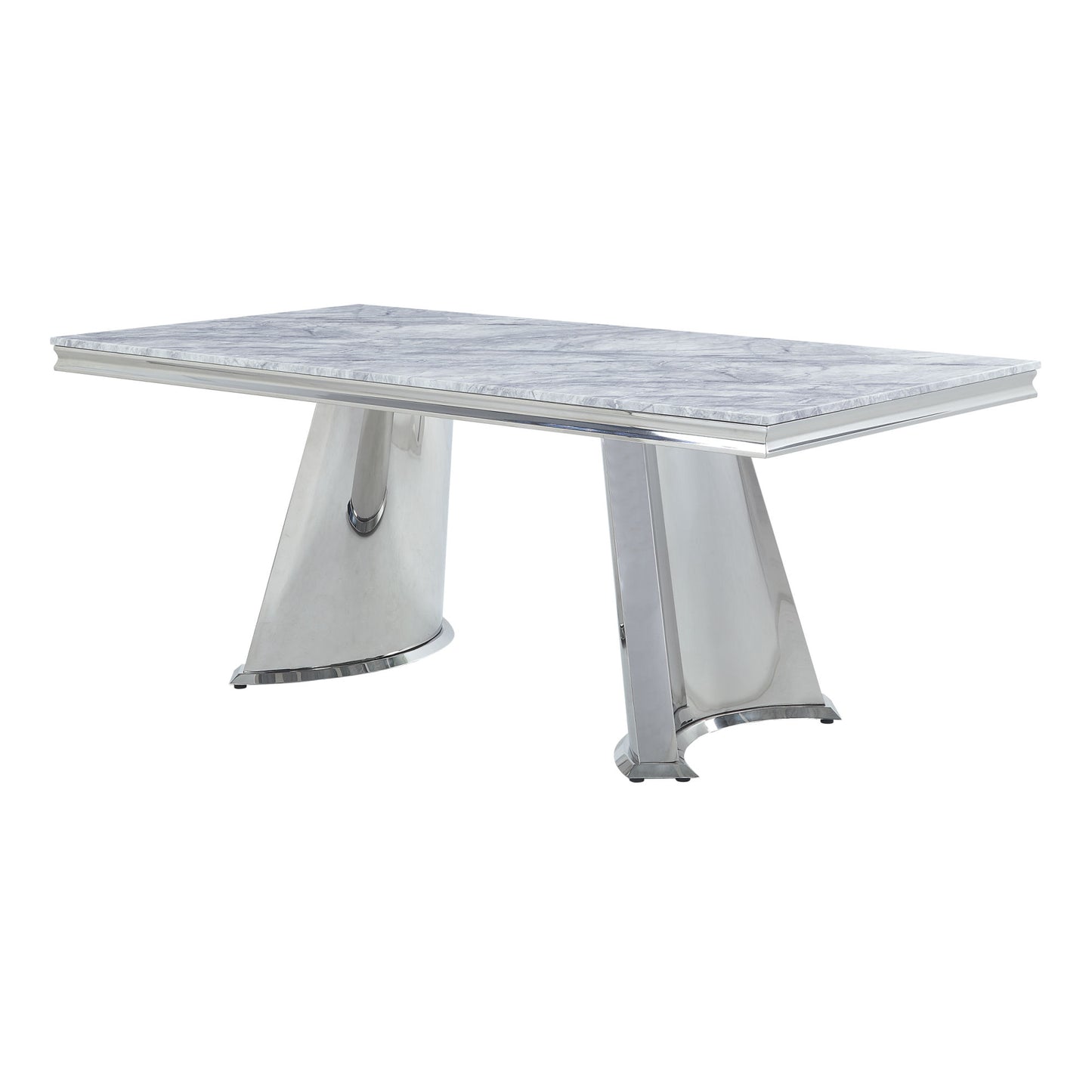 acme destry dining table, faux marble top & mirrored silver finish