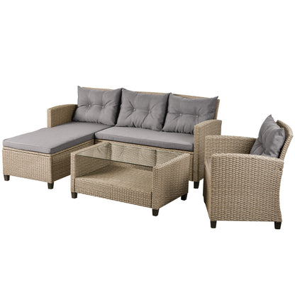 4 Piece Wicker Ratten Sectional Sofa Set with Seat Cushions, Beige Brown