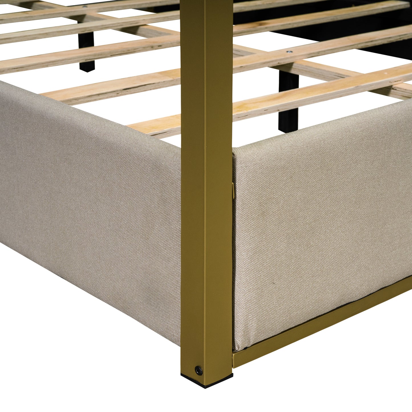 queen size upholstery canopy platform bed with headboard and metal frame, beige