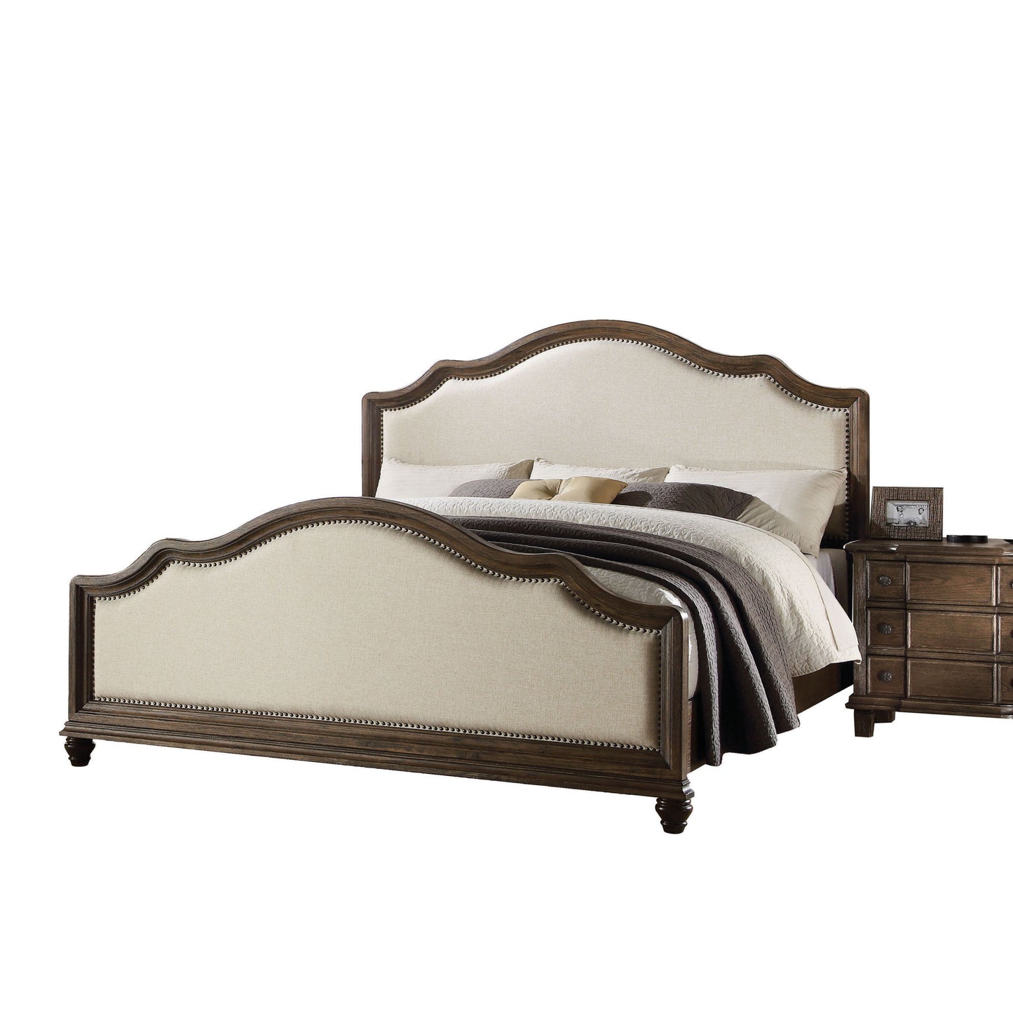 acme baudouin queen bed in beige linen & weathered oak