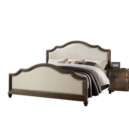 ACME Baudouin Queen Bed in Beige Linen & Weathered Oak
