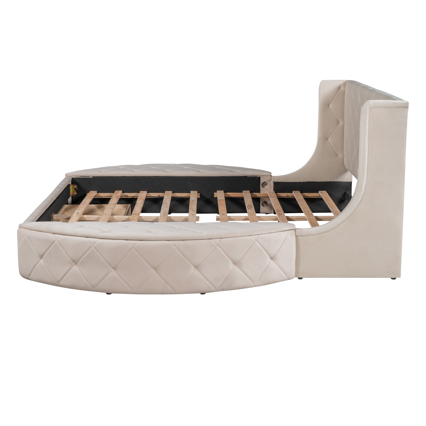 upholstered velvet platform bed with wingback headboard and 1 big drawer; 2 side storage stool