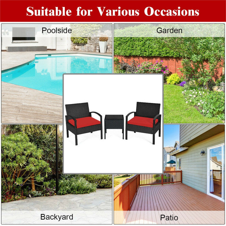 3 pieces outdoor rattan patio conversation set with seat cushions