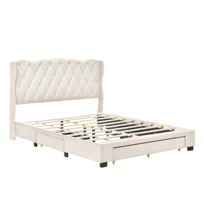Emily Upholstered Platform Bed with Tufted Headboard and 3 Drawers,Beige