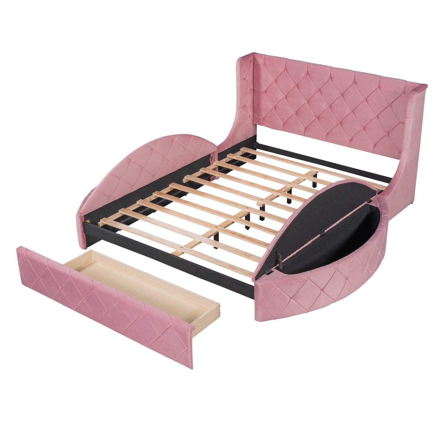 upholstered velvet platform bed with wingback headboard and 1 big drawer; 2 side storage stool