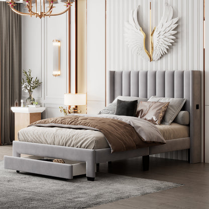 Danny Velvet Upholstered Platform Bed with a Big Drawer - Gray