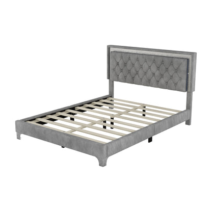 3-Pieces Upholstered Platform Bed with LED Lights and Two Nightstands-Gray