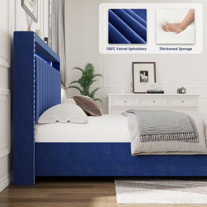 Luxury Gas Lift Storage Bed with RF LED Lights & Storage Headboard , Blue