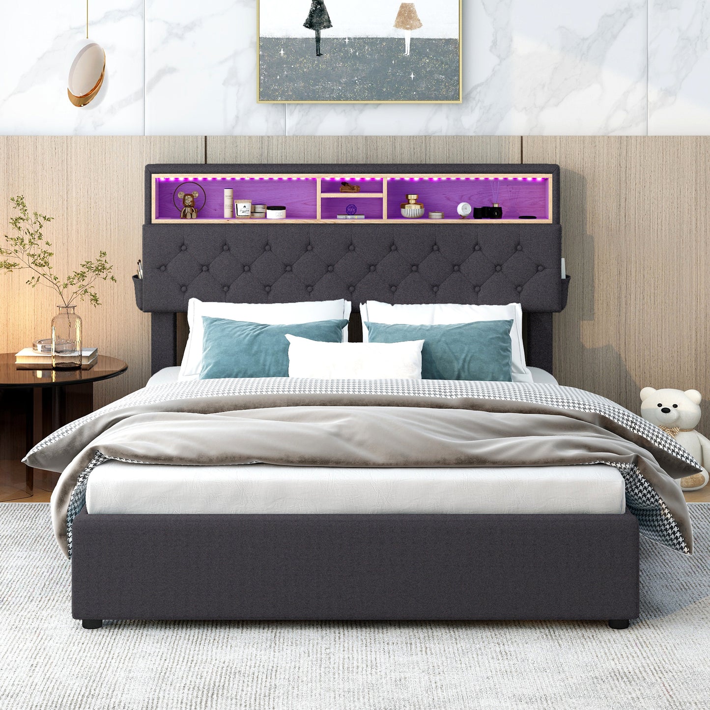 full size upholstered bed with storage headboard, led, usb charging and 2 drawers, dark gray