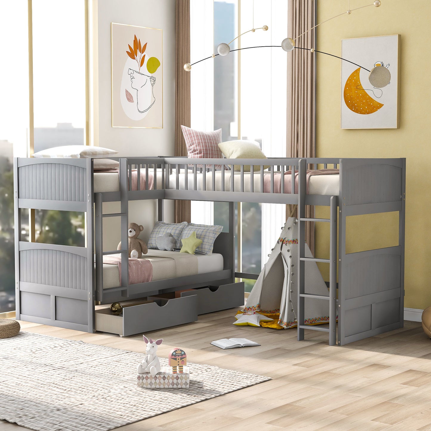 twin size bunk bed with a loft bed attached and two drawers, gray