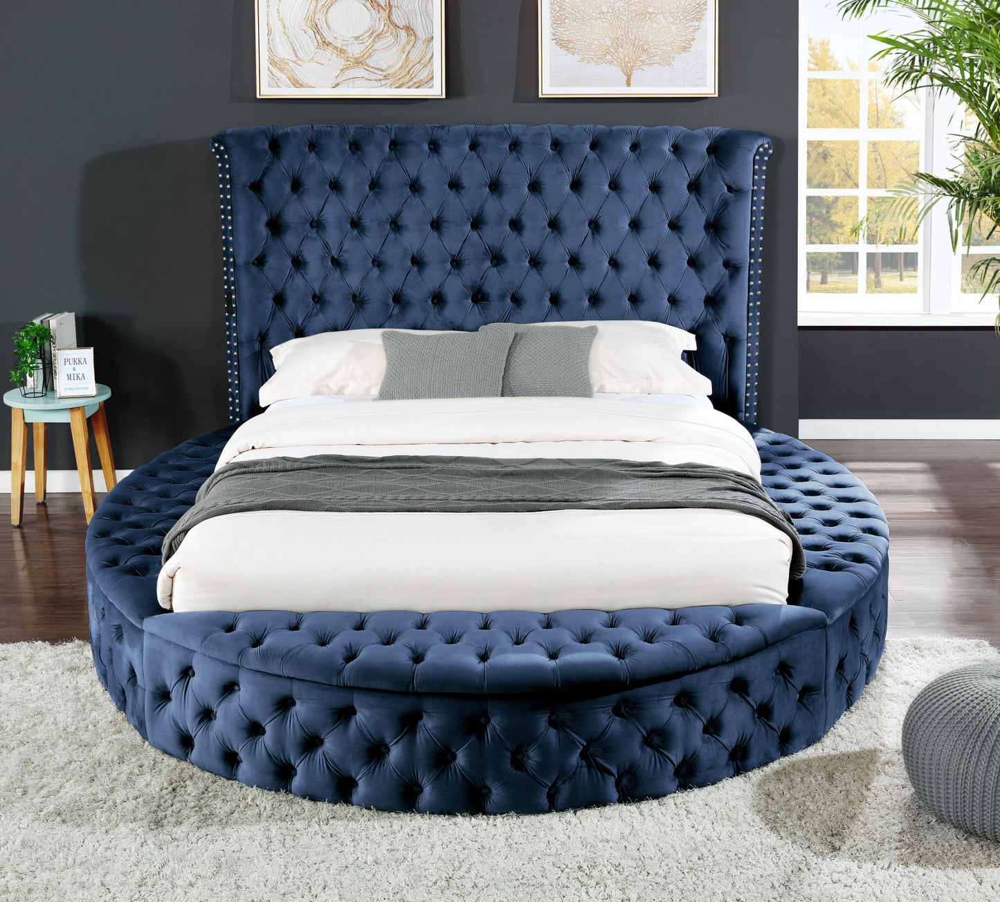 hazel queen size tufted storage bed made with wood in blue