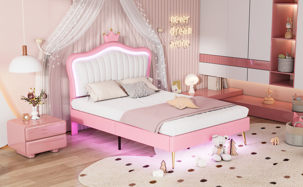 modern upholstered princess bed with crown headboard and led lights, white+pink