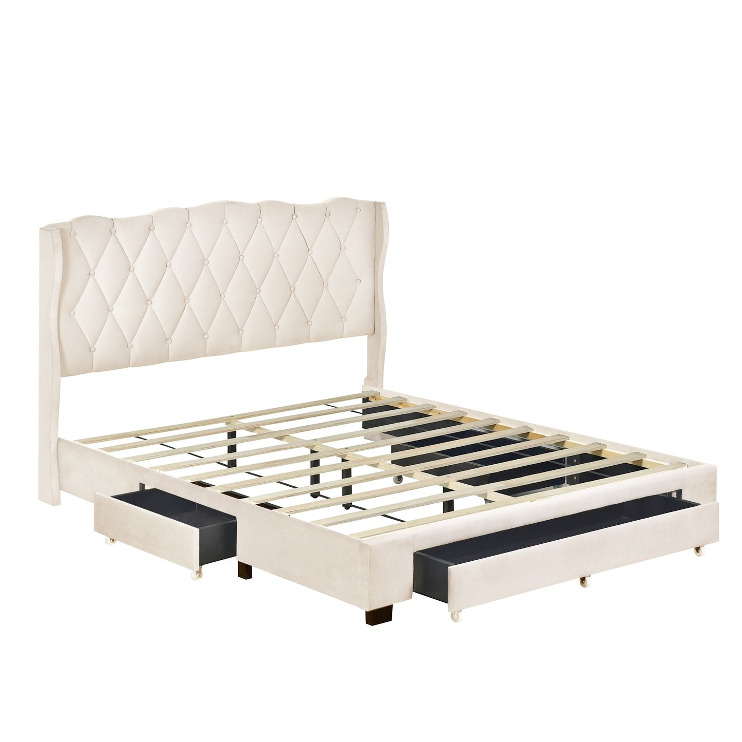 emily upholstered platform bed with tufted headboard and 3 drawers,beige