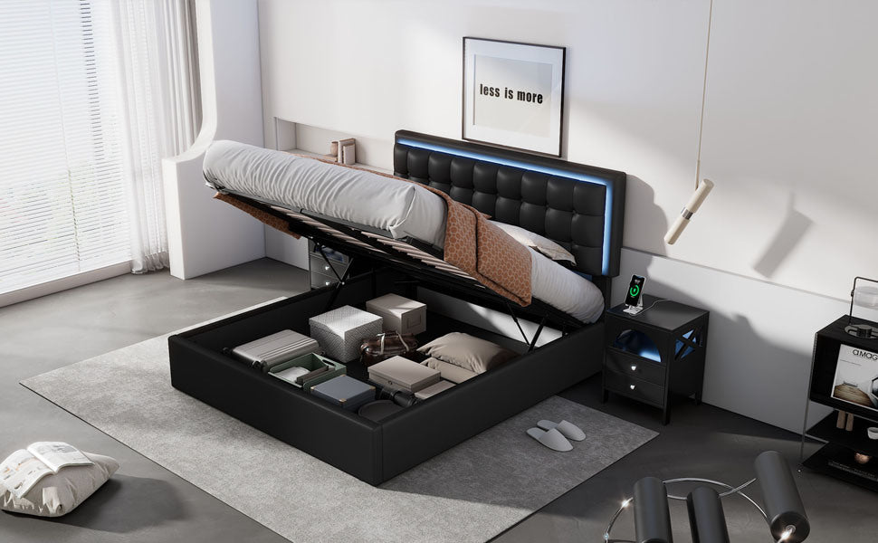 tufted upholstered platform bed with hydraulic storage system & pu storage bed with led lights